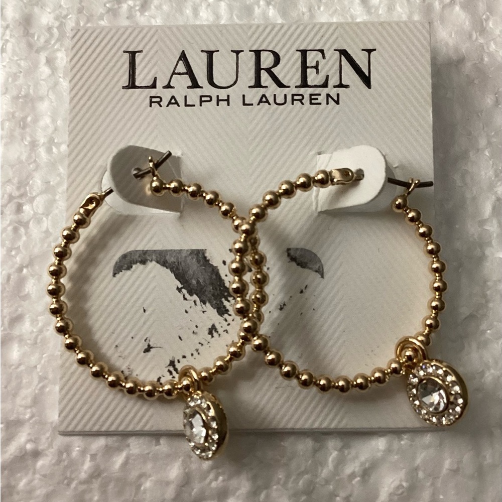 Lauren Ralph Lauren Crystal Halo Charm Beaded Hoop Earrings in Gold Tone
